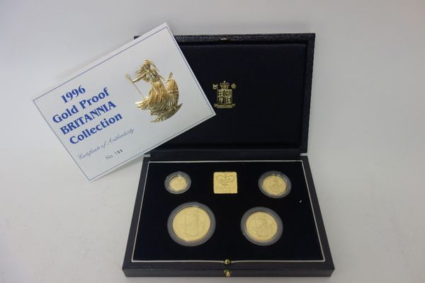 A United Kingdom Britannia gold proof four coin set, 1996, with a Royal Mint case and certificate.