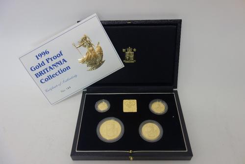 A United Kingdom Britannia gold proof four coin set, 1996, with a Royal Mint case and certificate.