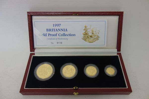 A United Kingdom Britannia gold proof four coin set, 1997, with a Royal Mint case and certificate.