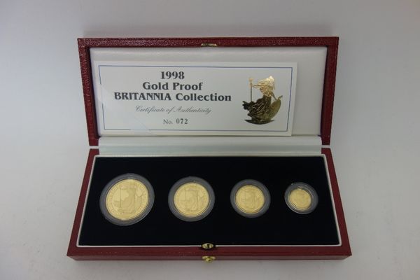 A United Kingdom Britannia gold proof four coin set, 1998, with a Royal Mint case and certificate.