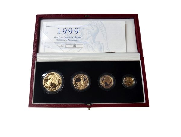 A United Kingdom Britannia gold proof four coin set, 1999, with a Royal Mint case and certificate. Illustrated