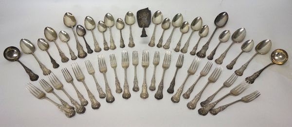 A Scottish silver single struck stylized King's pattern part table service, comprising; a pair of stuffing spoons, a fish slice, ten tablespoons, ten