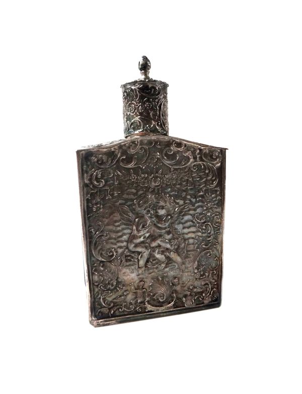 A Victorian silver tea caddy, with a detachable cover, of rectangular section form, the back and the front embossed with cherubs within borders of flo