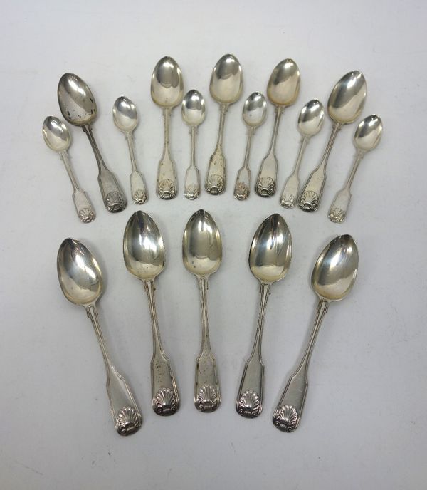 Ten single struck silver fiddle, thread and shell pattern teaspoons, comprising; one London 1825, five 1826 and four London 1827 and six double struck