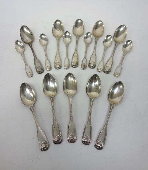 Ten single struck silver fiddle, thread and shell pattern teaspoons, comprising; one London 1825, five 1826 and four London 1827 and six double struck