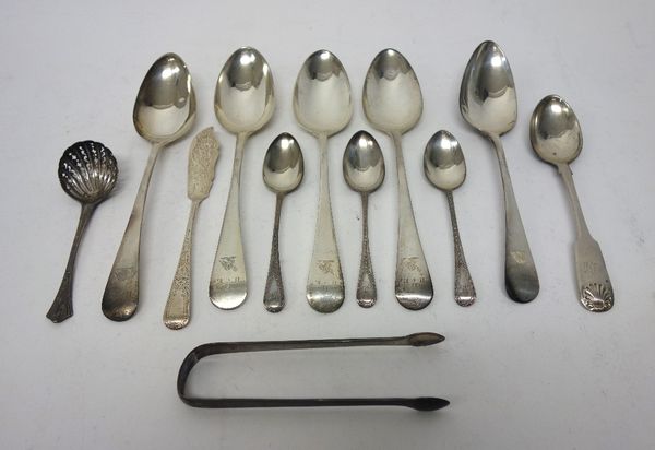 Silver table flatware, comprising; a pair of Old English pattern tablespoons, London 1806, a pair of Old English tablespoons, London 1807, another tab