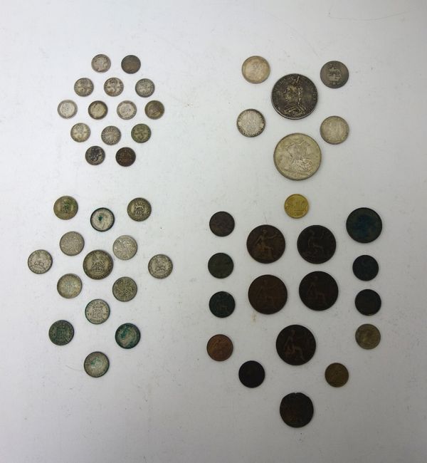 Mostly British coins, including two Victoria Jubilee head crowns, both 1889, four shillings, comprising; 1826, 1887, 1888 and 1942, also a few silver