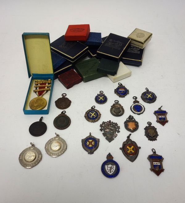 Ten silver and enamelled fob medallions and four further silver fob medallions, a London County Council attendance medal with the original box and fiv