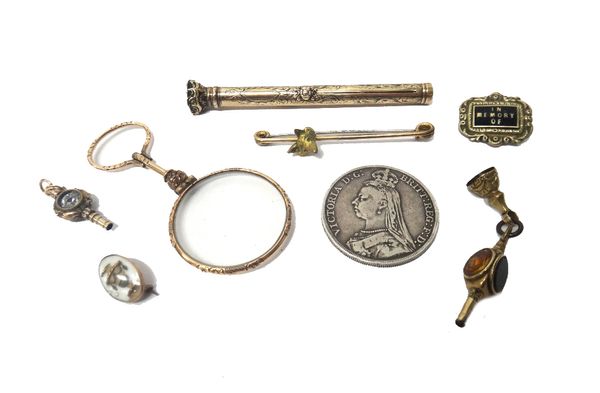 A Victorian slide action dip pen cum pencil (the seal terminal lacking), a mourning brooch, two further brooches, a Victorian spy glass, two gem set w