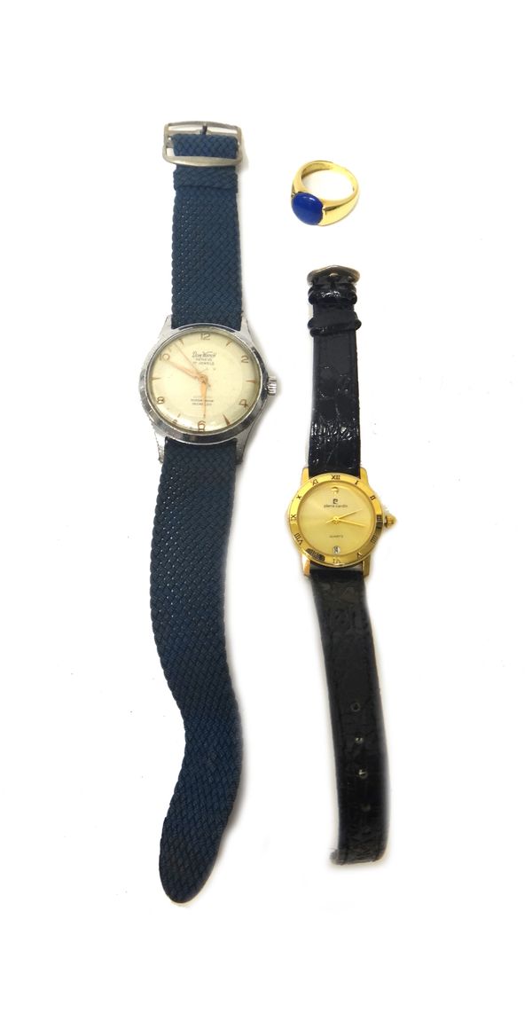 A gold mounted circular lapis lazuli single stone ring, detailed 585, ring size J and a half, a Dom Watch Automatic base metal cased gentleman's wrist