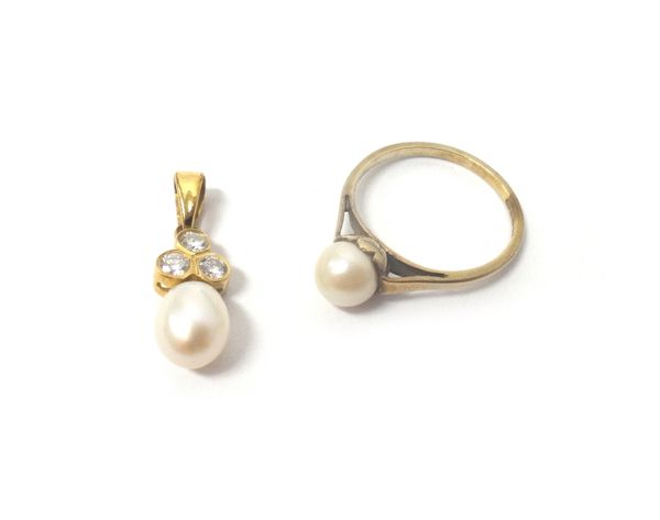 A 18ct gold, diamond and cultured pearl pendant, collet set with three circular cut diamonds above a single cultured pearl and a 9ct gold ring, mounte