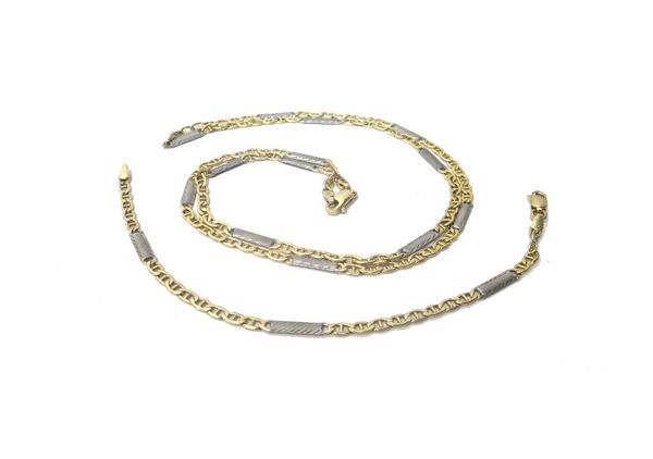 A two colour gold necklace, with a matching bracelet, each in a flattened anchor link and engraved baton shaped link design, on a sprung hook shaped c