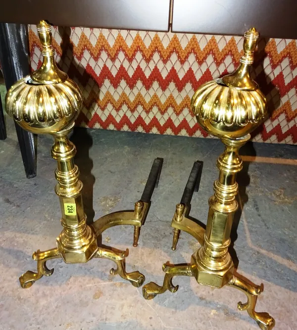 A pair of 19th century brass fire dogs with bulbous finials. G5