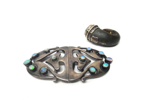 A lady's opal set two piece silver waistbelt buckle, in a pierced openwork Art Nouveau inspired design, detailed 950, circa 1910 and a 19th century vi