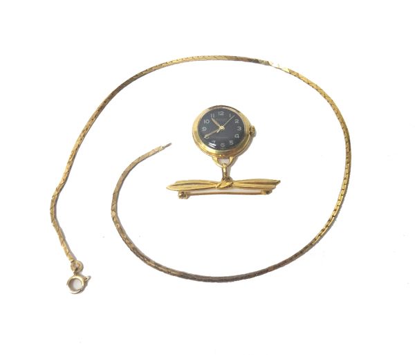 A 9ct gold necklace, on a boltring clasp, detailed 9 K, weight 9.7 gms and a Ronet gilt metal cased lady's fob watch, fitted to a gilt metal brooch fi