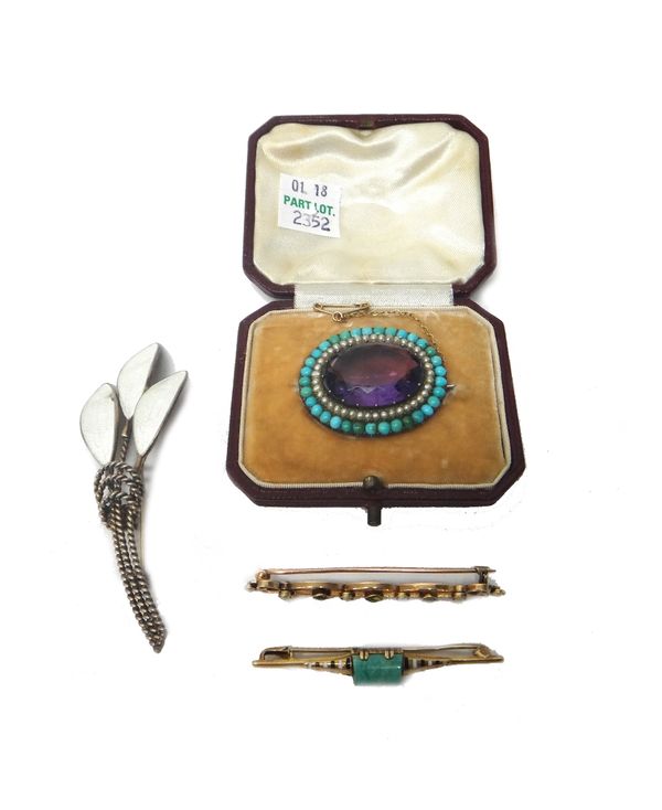 An amethyst, half pearl and turquoise set oval brooch, mounted with the oval cut amethyst to the centre, within a half pearl and turquoise set two row