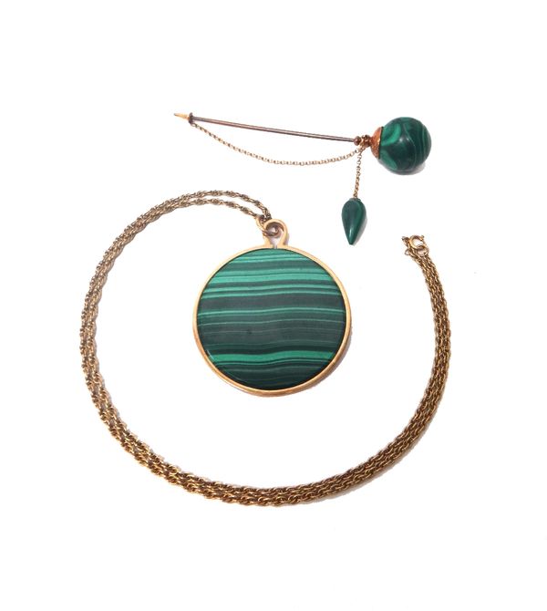 A Victorian gold mounted malachite hat pin, with a spherical malachite bead to the terminal and with a malachite drop fitted to the chain and a 9ct go