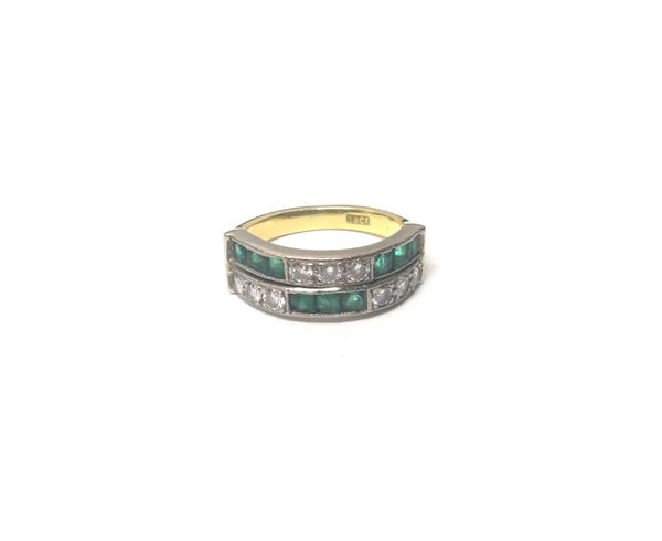 A gold, emerald and diamond ring, mounted with rows of three square cut emeralds, alternating with rows of three circular cut diamonds, in a two row d