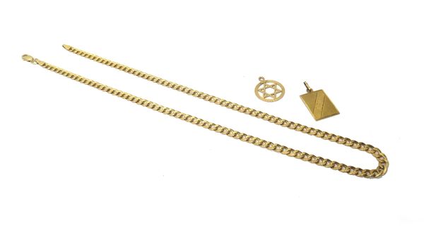 A 9ct gold faceted curb link neckchain, on a sprung hook shaped clasp and a 9ct gold Star of David pendant, combined weight 5.2 gms and a gold rectang