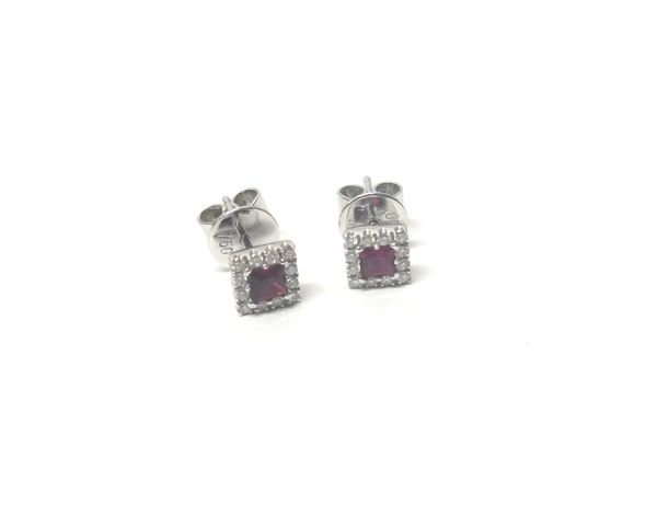 A pair of 18ct white gold, ruby and diamond set square cluster earstuds, each mounted with a square ruby to the centre within a surround of circular c