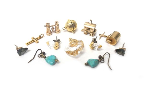 Five mostly 9ct gold charms and pendants, including; a pair of binoculars, a garden roller and a football, combined gross weight 10.5 gms, a pair of h