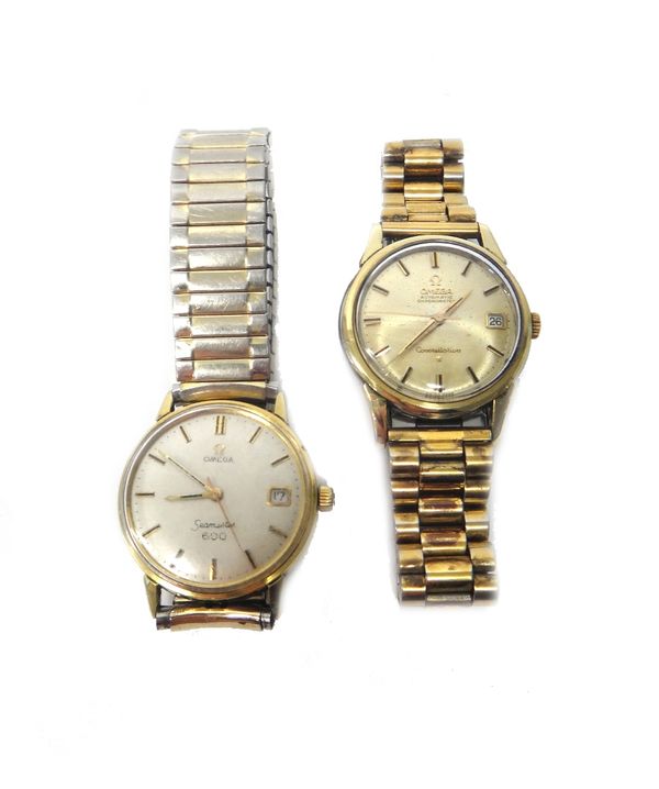 An Omega Constellation Automatic gilt metal fronted and steel backed gentleman's wristwatch, the signed dial with baton shaped numerals, centre second