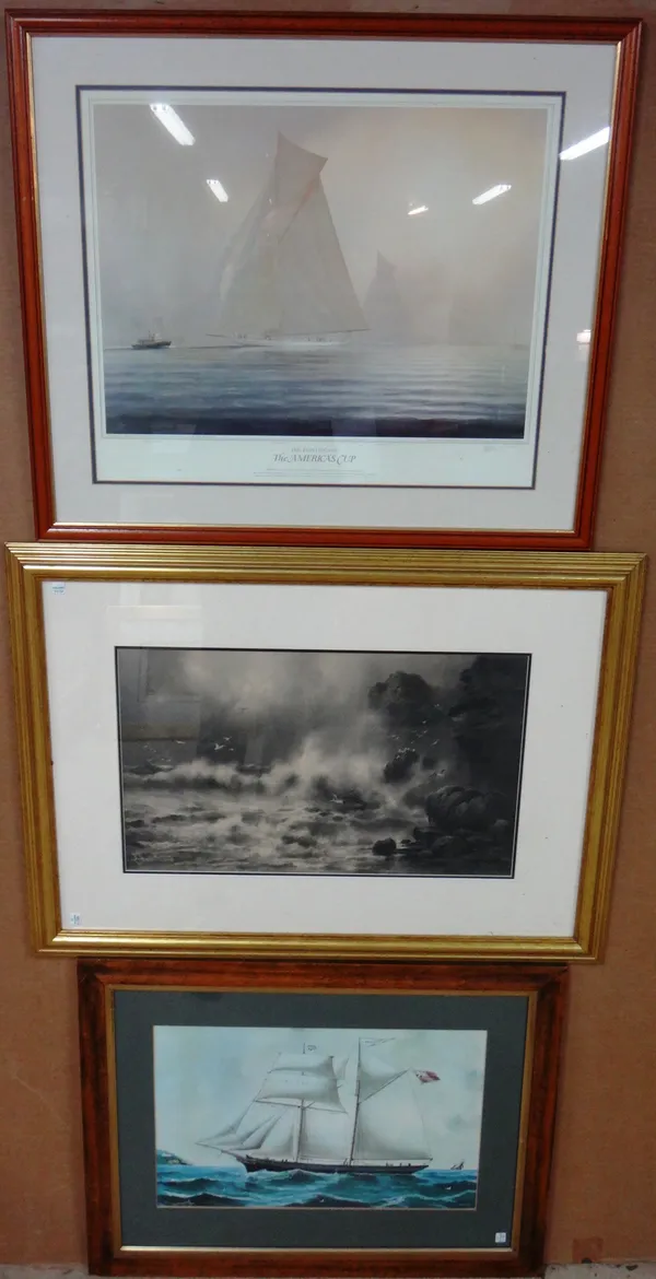 Two reproduction prints of The Americas Cup, a Schooners photogravure after Elmer Keene, a modern Persian style oil, and two laminated prints of marin