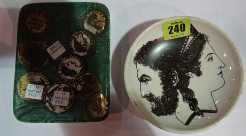 A 20th century Fornasetti white ceramic concave ashtray, decorated with faces, and a rectangular dish decorated with coins, (2). CAB