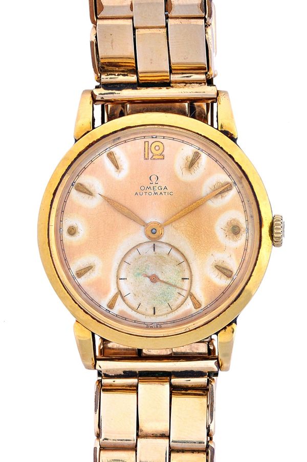 An Omega Automatic gold circular cased gentleman's wristwatch, the jewelled automatic movement detailed Omega Watch Co Swiss, the signed dial with arr