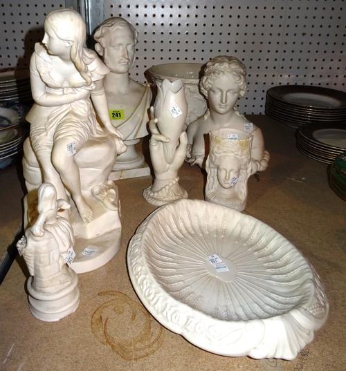 Ceramics, including; a group of 19th century and later Parian style bisque porcelain busts, a jardiniere, vases and sundry, (qty). S4