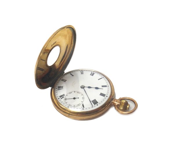 A gentleman's 9ct gold cased, keyless wind, half hunting cased pocket watch, with an unsigned Swiss jewelled lever movement, 9ct gold inner case, the