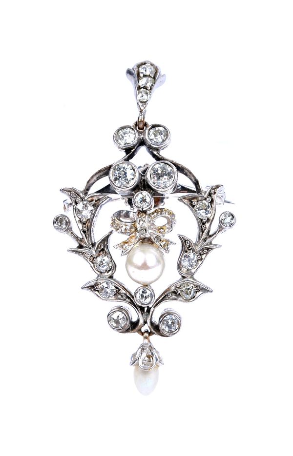 A diamond and cultured pearl pendant brooch, in an openwork wreath design, with a central tied bow motif above a cultured pearl, the front with a diam