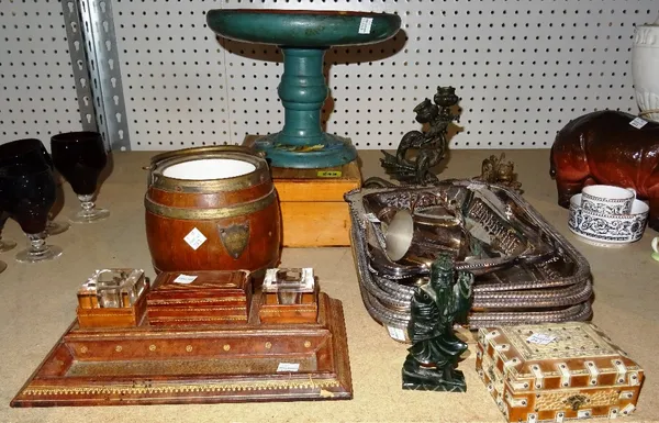 Collectables, including; silver plated entree dishes, an embossed leather desk stand, a pair of candlesticks in the form of dragons and sundry, (qty).