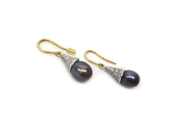 A pair of yellow and white gold, grey tinted cultured pearl and diamond set pendant earrings, each mounted with a grey tinted cultured pearl to the dr