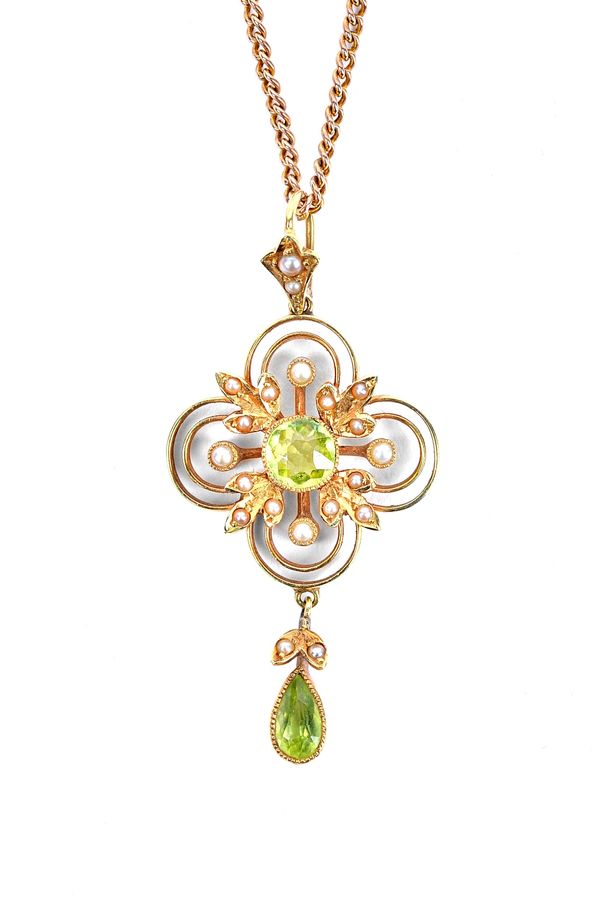 A gold, peridot and seed pearl pendant, in a pierced circular and quatrefoil shaped design, mounted with a cushion peridot to the centre and with a pe