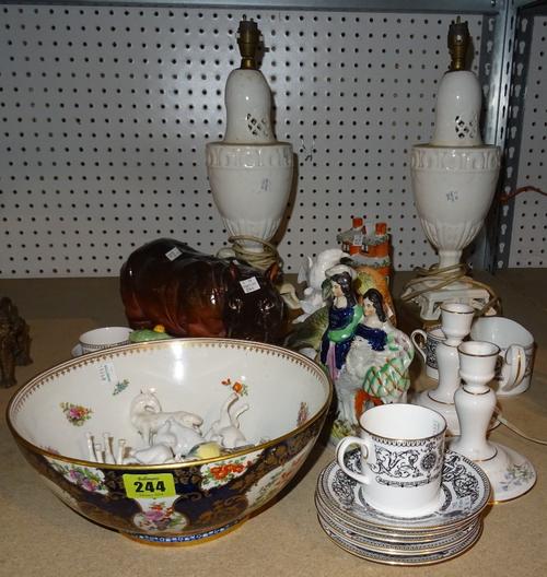 Ceramics, including; a Worcester part coffee service, Staffordshire type figures, a large hippo, table lamps, bird figures and sundry, (qty). S4