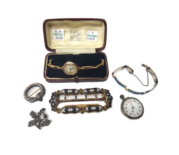 A lady's 9ct gold circular cased wristwatch, Edinburgh 1937, with an unsigned Swiss movement, on an expanding bar link bracelet, with a case, a keyles