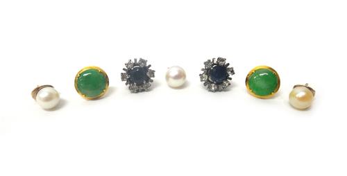 A pair of jade single stone earstuds, each mounted with a circular jade cabochon, a pair of cultured pearl earstuds, the backs with post and butterfly