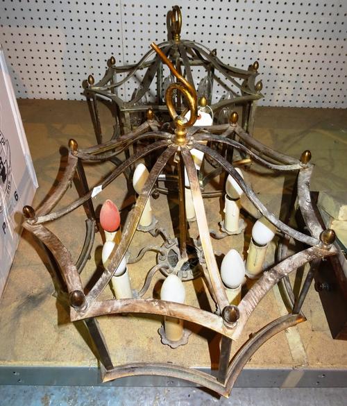 A pair of early 20th century gilt brass eight branch ceiling lights, with octagonal glass shades, (2). HANG
