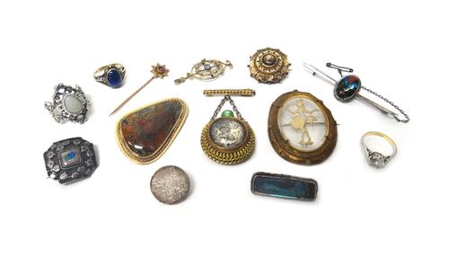 A 9ct gold mounted moss agate brooch, three rings, five brooches, a seed pearl and pale blue gem set pendant, a small scent bottle fitted to a bar bro