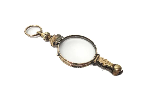 A pair of Victorian folding sprung lorgnettes, fitted with circular lenses and with a loop shaped handle.