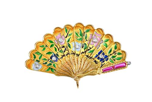 A gold, diamond and red gem set and plique a jour enamelled brooch, designed as an open fan, decorated with floral and foliate motifs, apparently unma