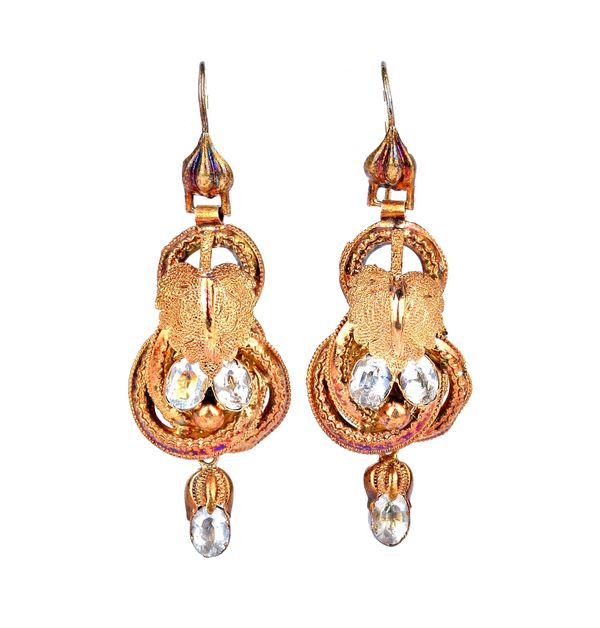 A pair of Victorian gold and pale blue foil backed gem set pendant earrings, each in an entwined design, with foliate motifs, the tops with wire fitti