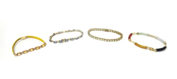 A 14ct gold mounted vary coloured jade bracelet, designed as a row of curved baton shaped links and three gold mounted vary coloured gemstone set brac