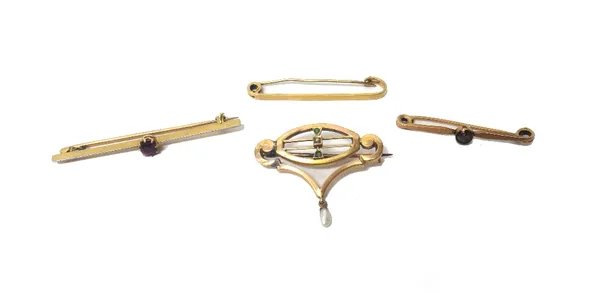 A gold brooch, in a scrolling pierced design, the front with a freshwater pearl drop, a gold plain bar brooch, detailed 18 CT and two gold and gem set