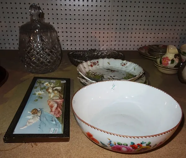 Ceramics and glassware, including; a large cut glass lidded jar, a pair of cut glass dishes, two Saji Japanese plates, a bisque plaque and sundry, (qt