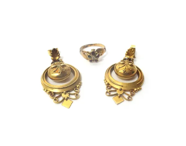 A pair of gold pendant earrings, each in a hoop and spherical design, with applied bead work decoration, in the classical taste, the tops with post an
