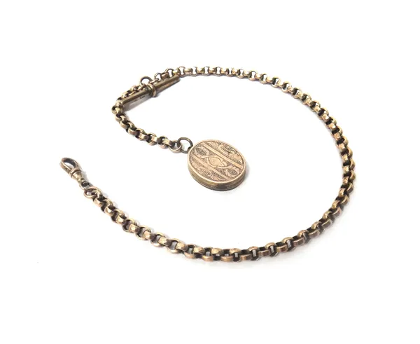 A gold faceted circular and plain circular link watch Albert chain, detailed 9 C, fitted with a T bar and a swivel, also a Victorian oval pendant lock