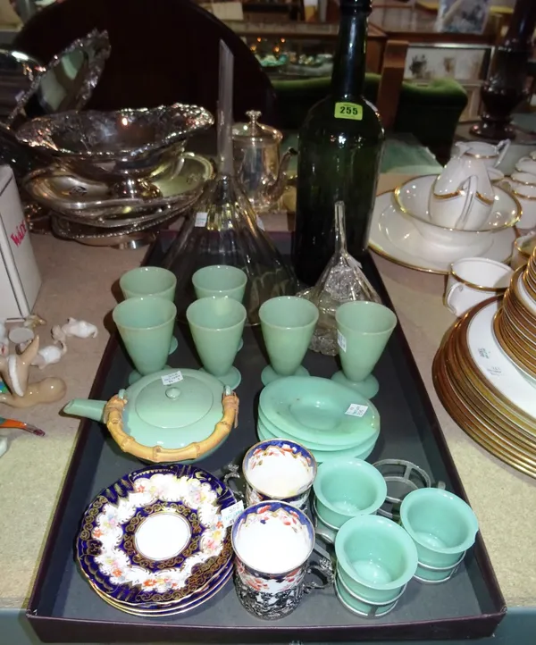Ceramics and glassware, including; two 19th century glass wine funnels, a green glass wine bottle, a Japanese style teapot, two Imari style coffee can