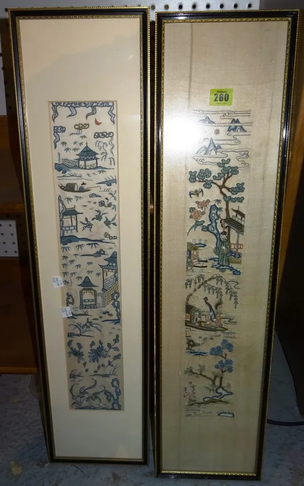 A pair of 20th century Oriental silk panels depicting landscapes, (2).  CAB